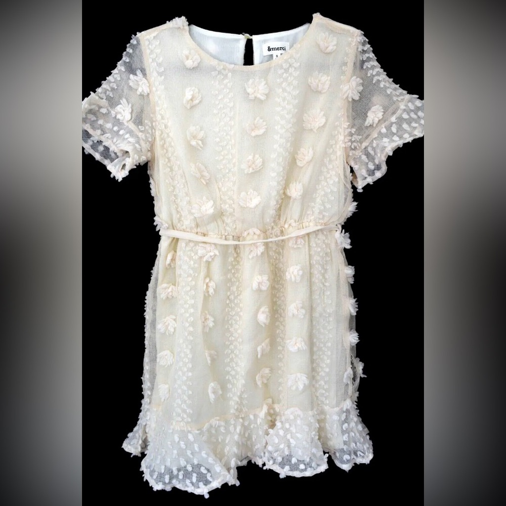 &Merci Cream Floral Applique Flounce Dress Off White Lined Belted PRETTY…